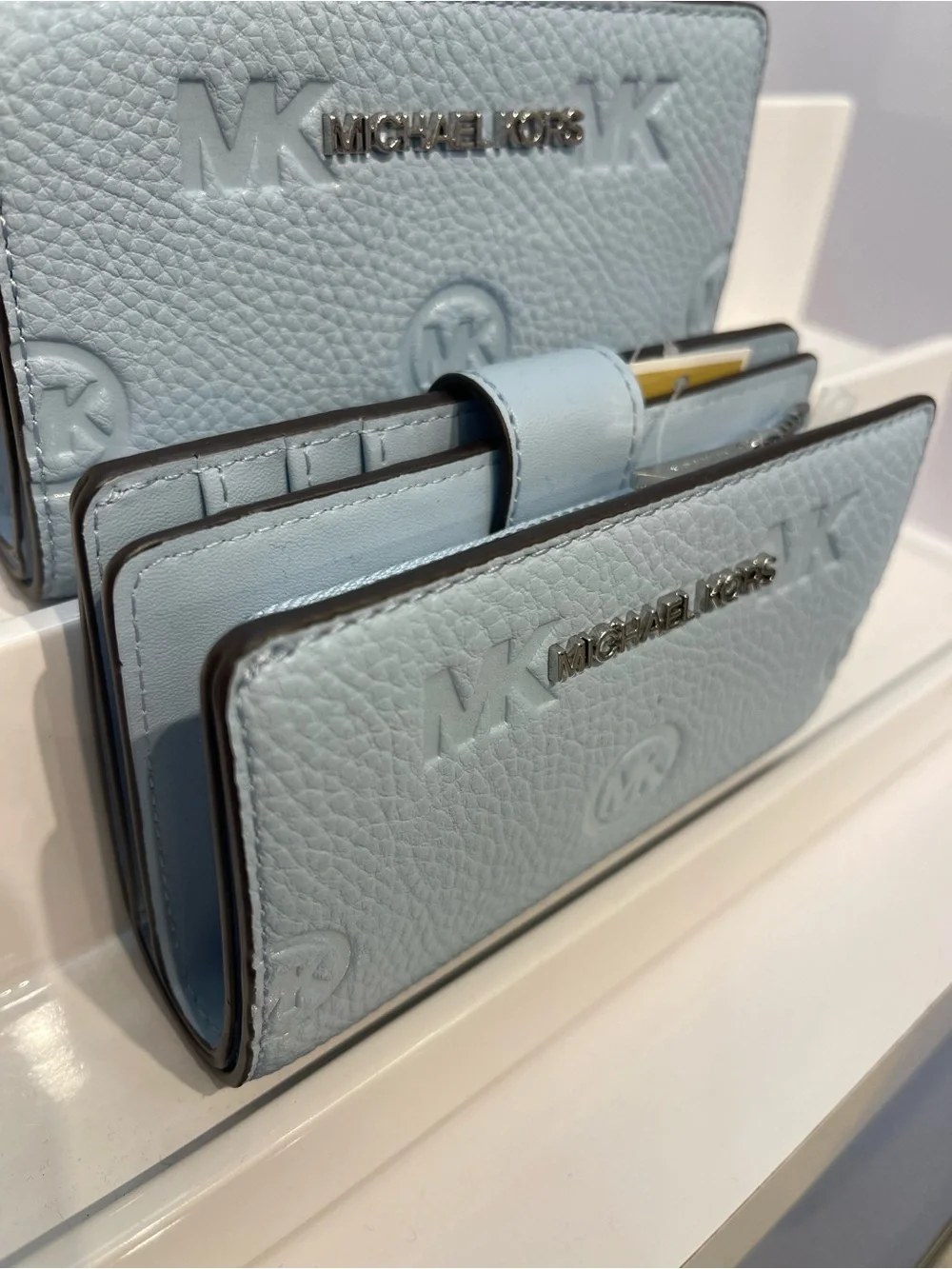 Michael Kors Jet Set Travel Md MK Logo Debossed Bifold Wallet Pale Ocean  NWT